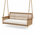 Teakholz Schaukelbank mit Polyethylen Geflecht und Beige Kissen 150cm