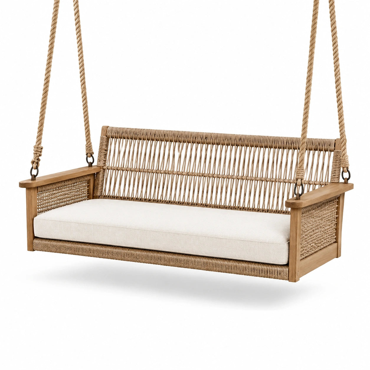 Teakholz Schaukelbank mit Polyethylen Geflecht und Beige Kissen 150cm