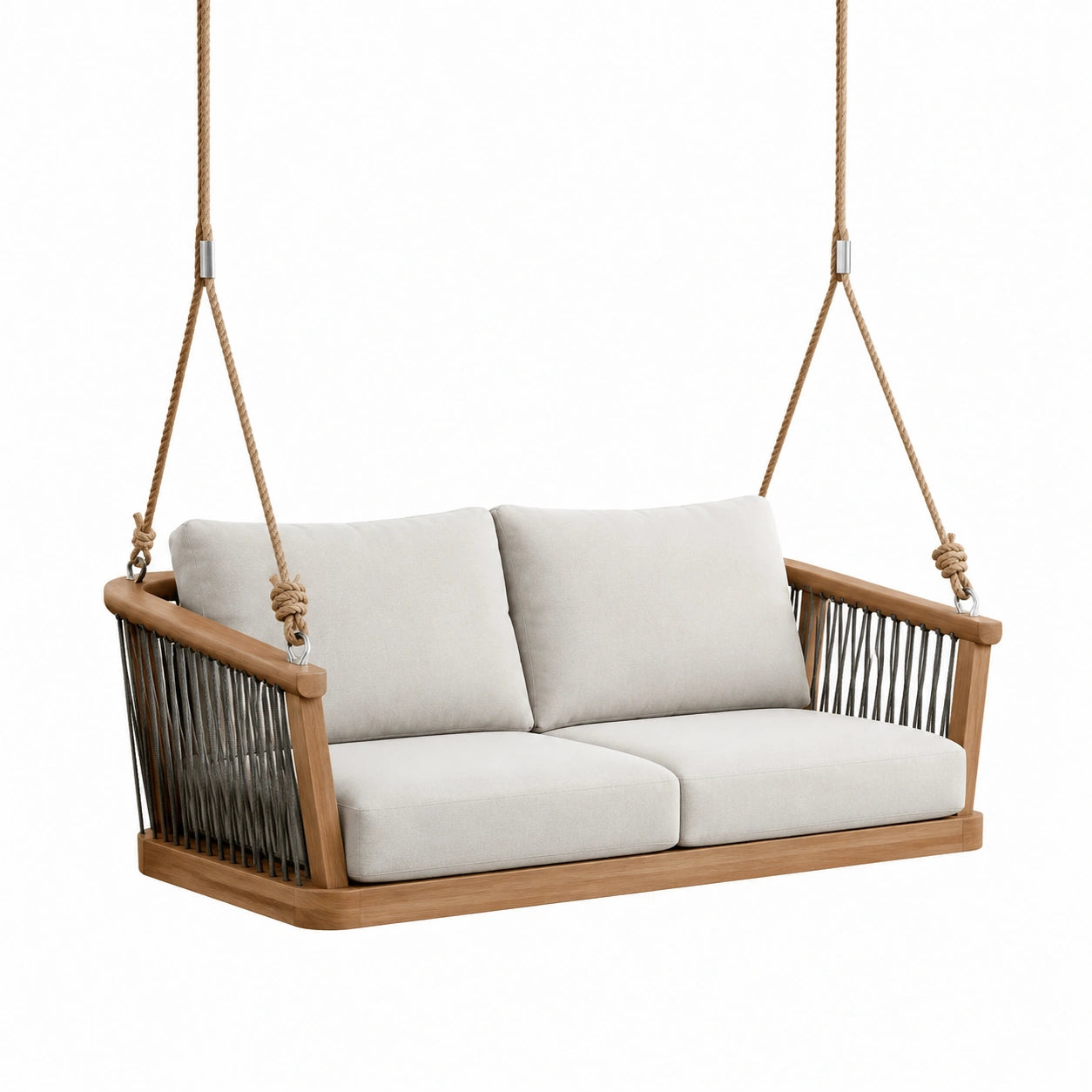 Teakholz Hängeschaukelbank mit Polyesterkissen Beige