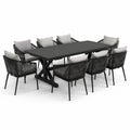 Garten-Essgruppe aus Aluminium und Kunststoffseil Schwarz 200x100 cm mit 8 Stühlen und Kissen