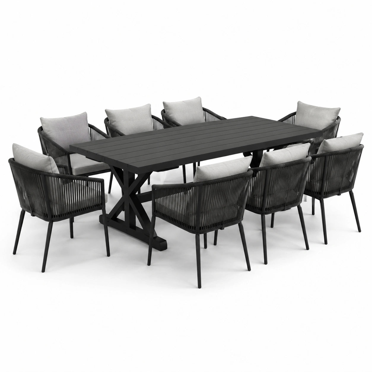 Garten-Essgruppe aus Aluminium und Kunststoffseil Schwarz 200x100 cm mit 8 Stühlen und Kissen