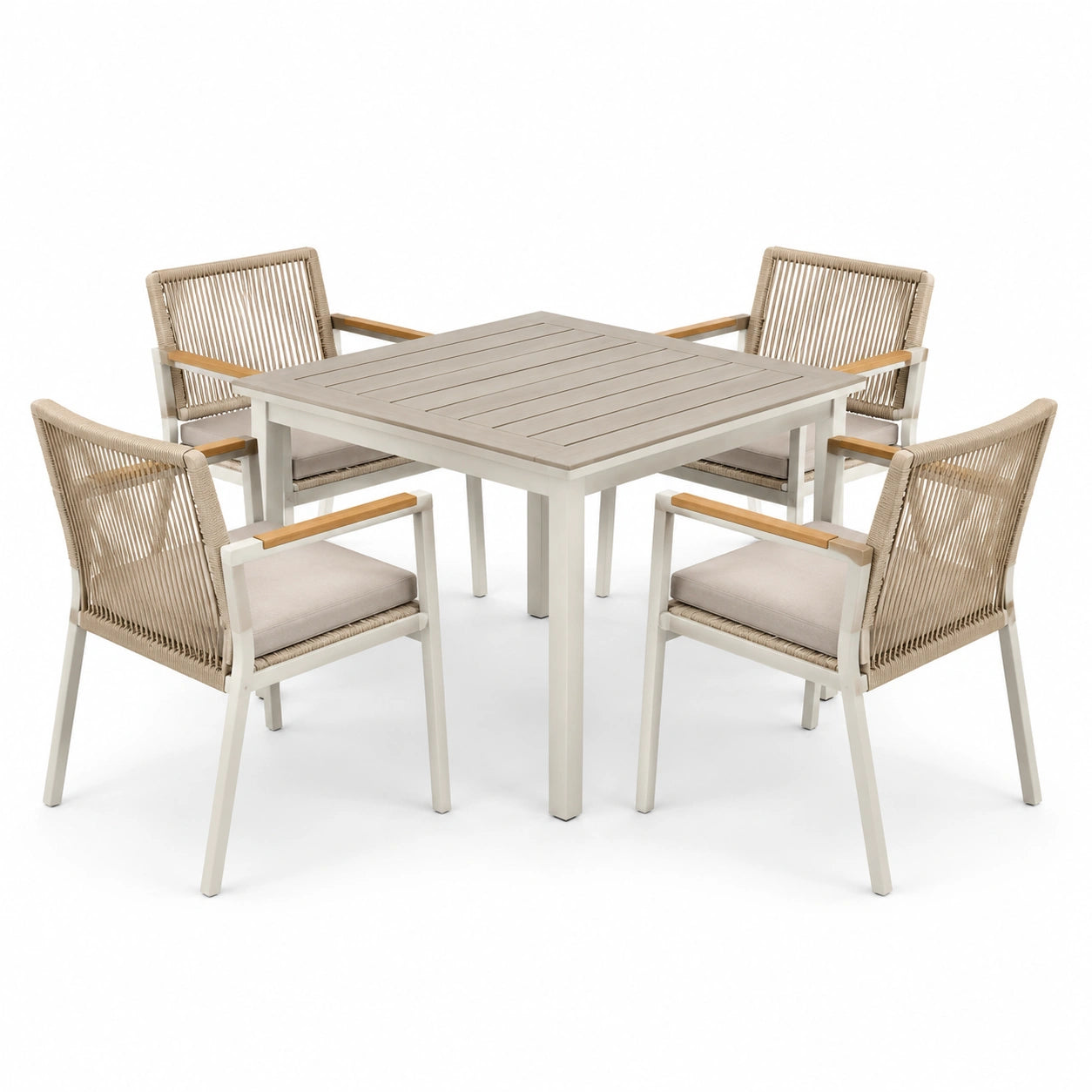 Quadratische Garten-Essgruppe Aluminium Beige mit Seilbespannten Lehnen