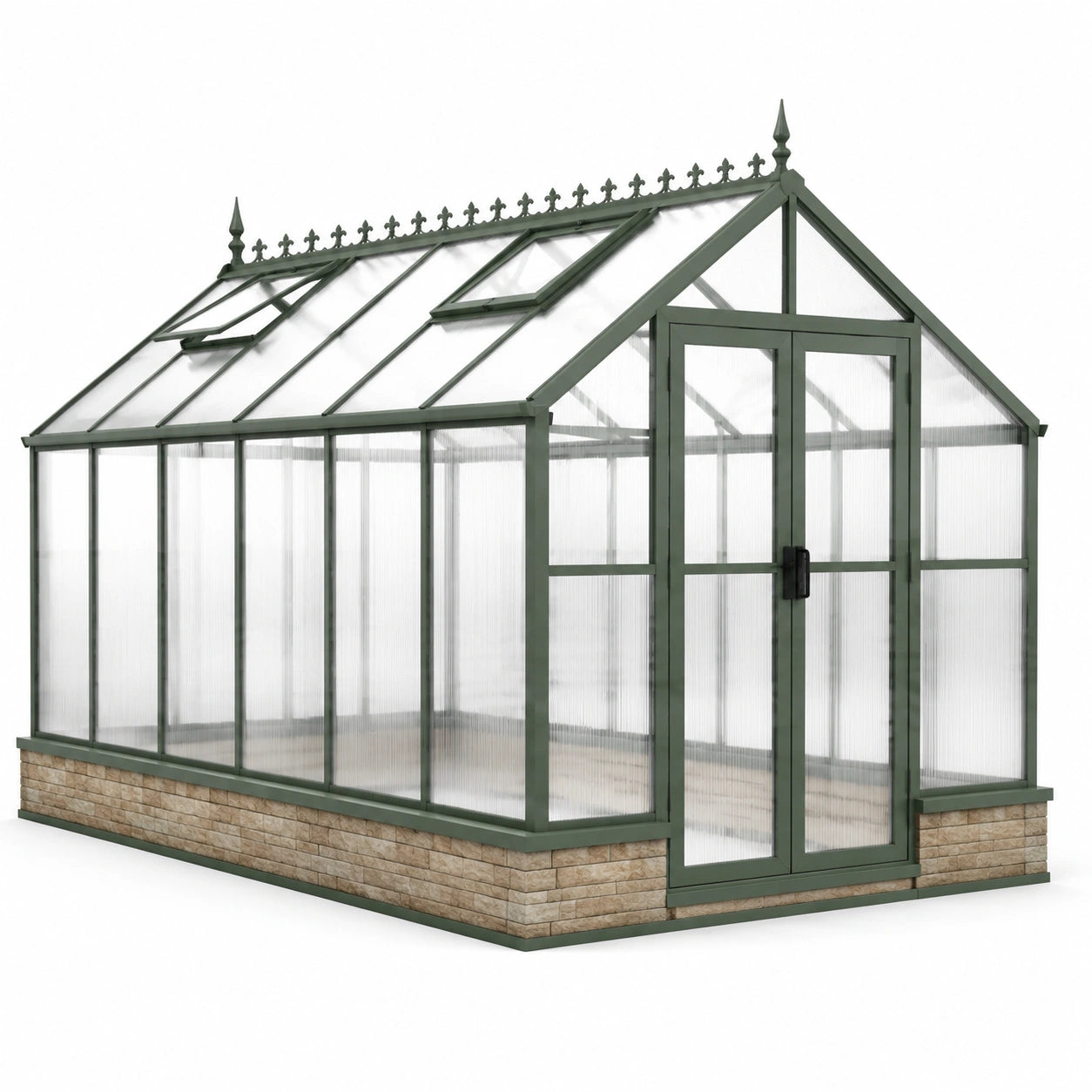 Aluminium und Polycarbonat Gewächshaus in Grün mit Steinsockel