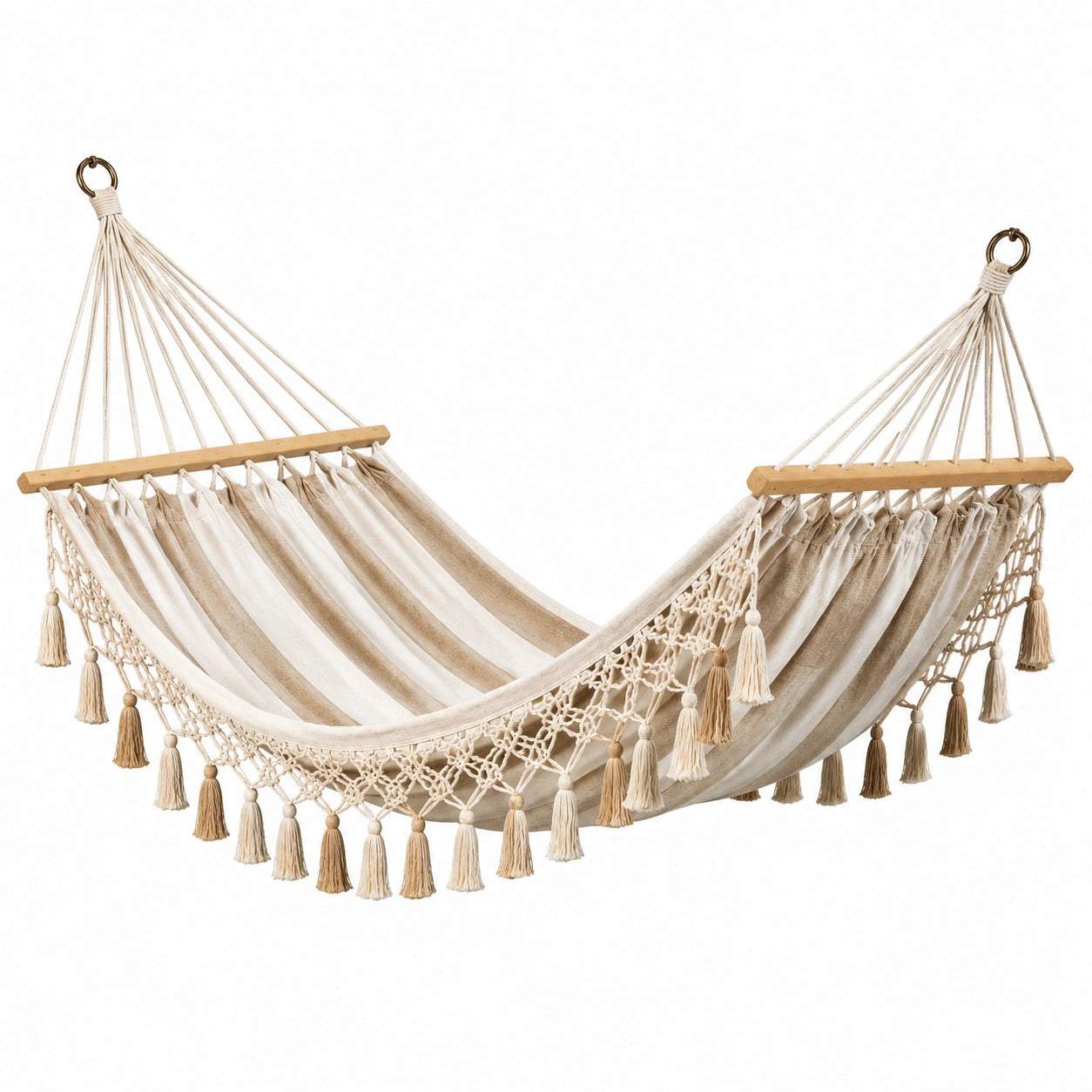 Hängematte aus Baumwolle mit Holzstäben, Beige und Weiß, 200 cm