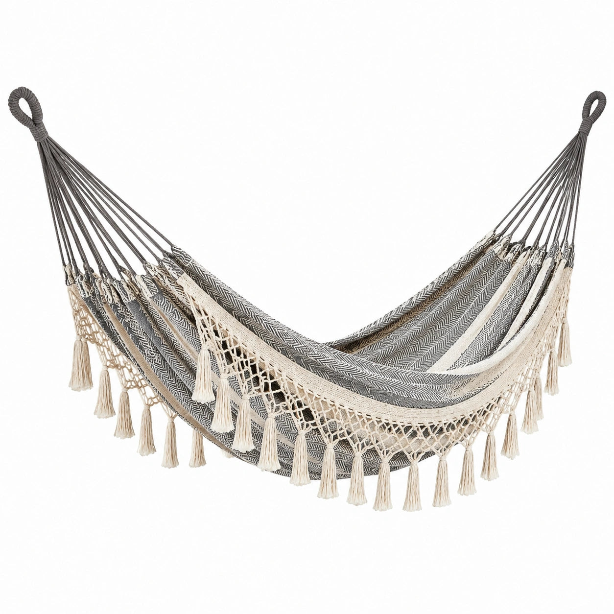 Baumwoll-Hängematte mit Makramee Grau/Beige 200x150 cm