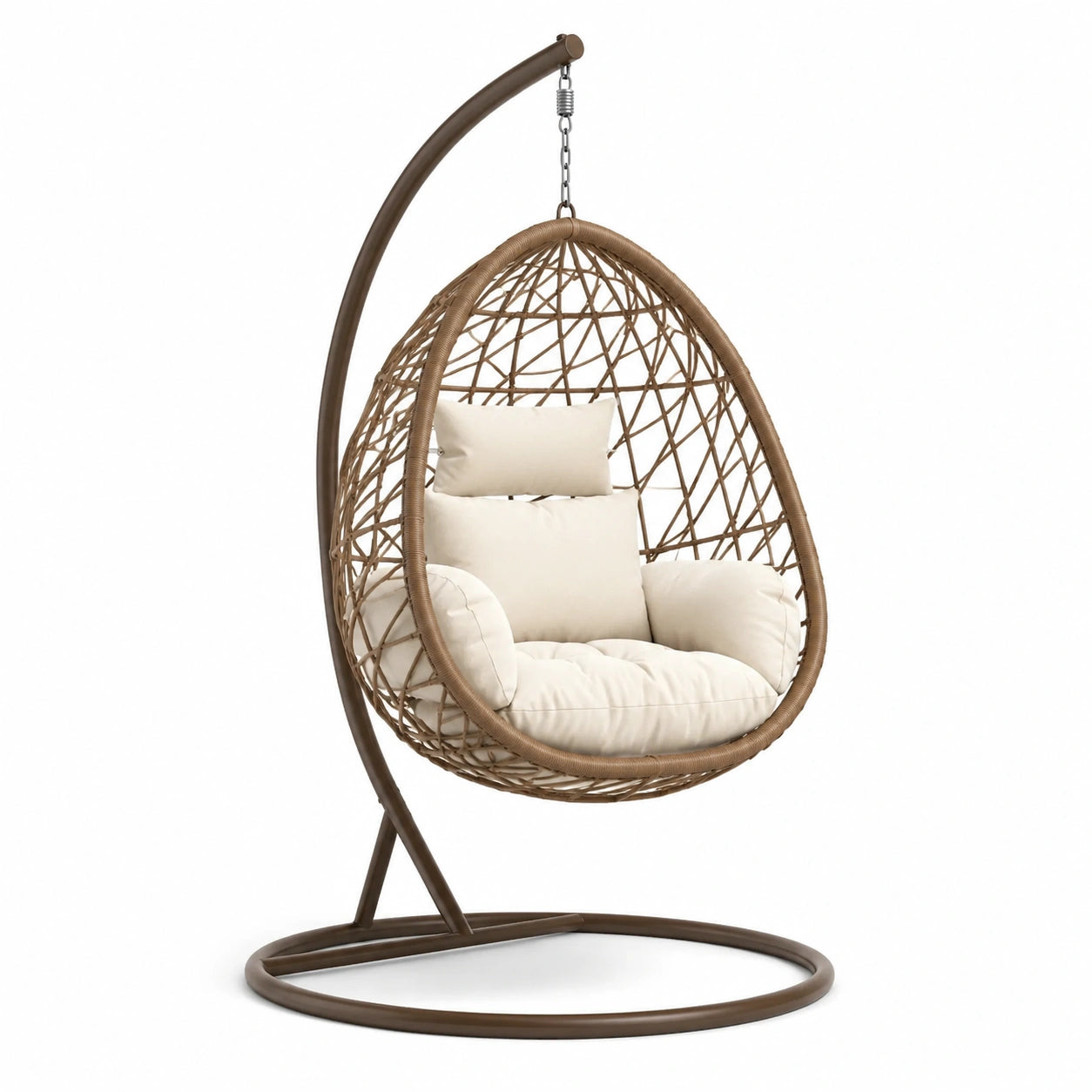 Hängesessel aus Stahlrahmen mit PE-Rattan Geflecht Beige mit Kissen