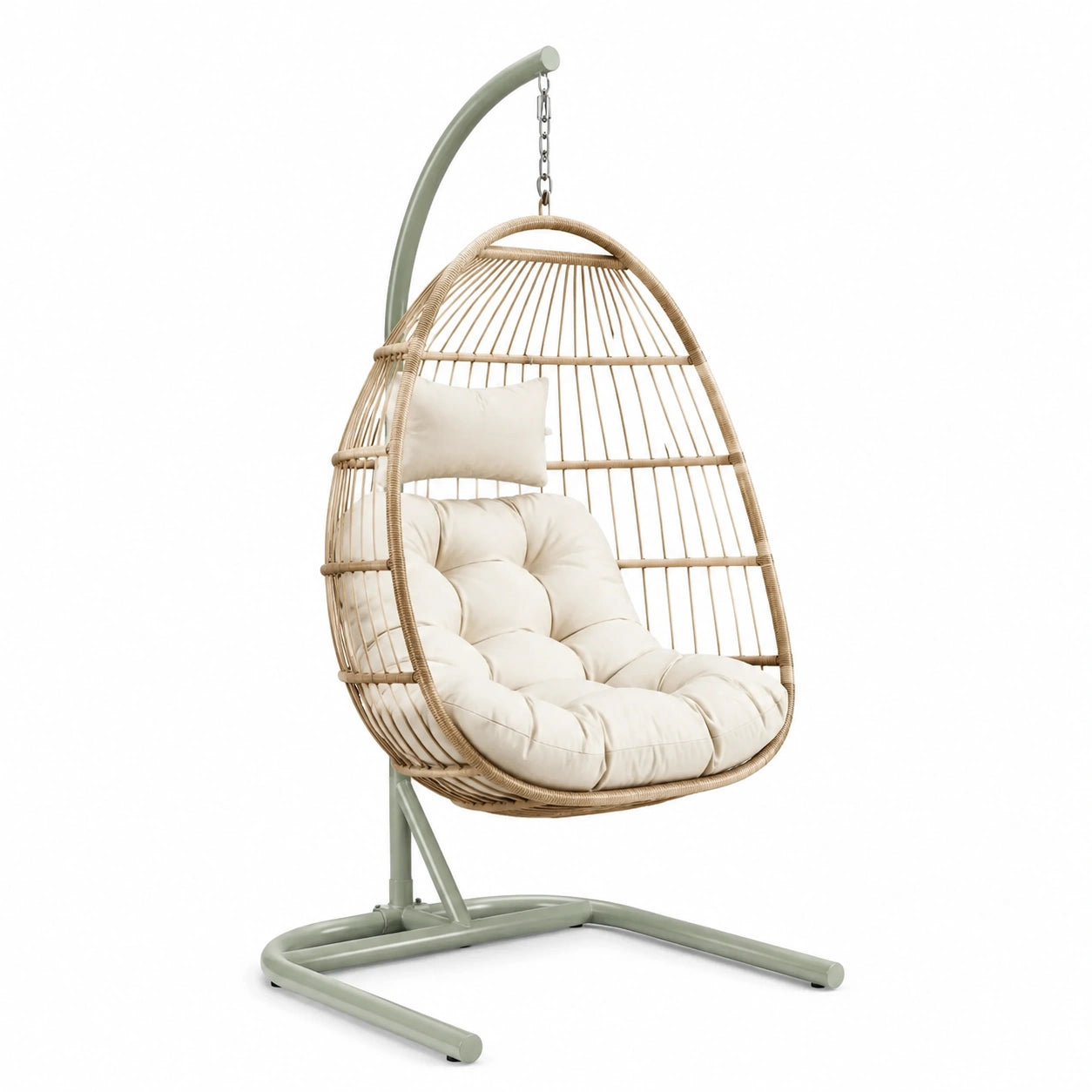 Hängesessel aus Rattan mit Metallrahmen und Kissen, Beige