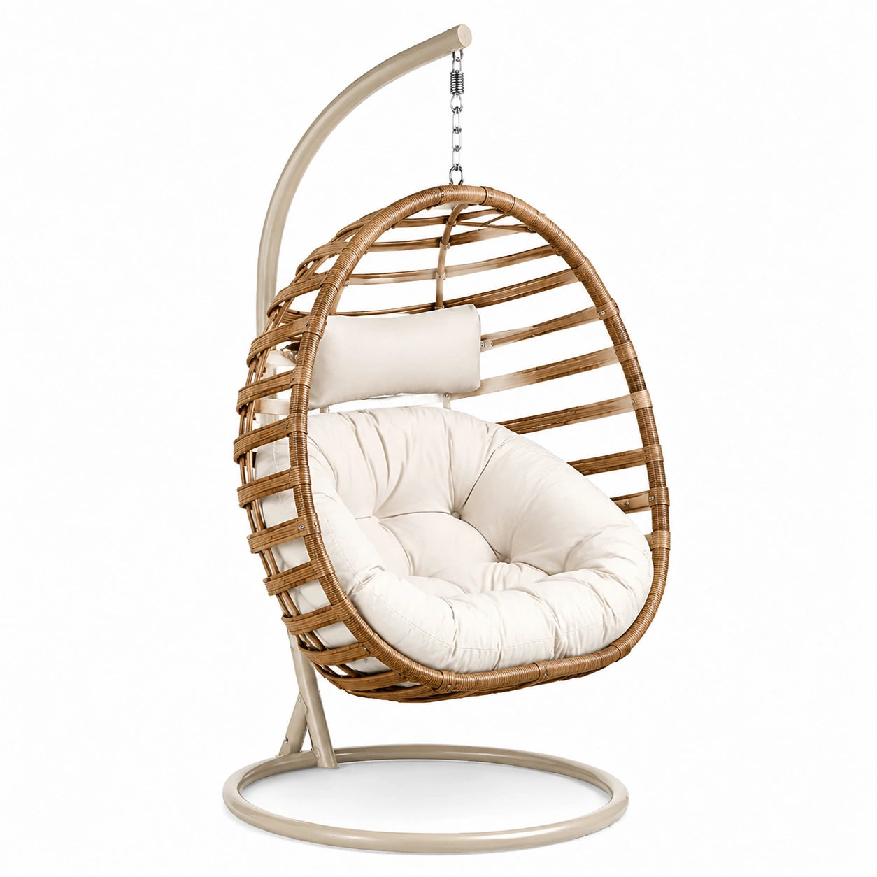 Rattan Hängesessel Beige mit Gestell und Kissen